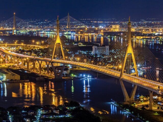Bangkok City - Beautiful night Chao Phraya river view of Bhumibol Bridge, Thailand.